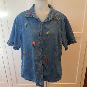 Vintage Lemon Grass Embroidered Denim Shirt Cottagecore Floral Top